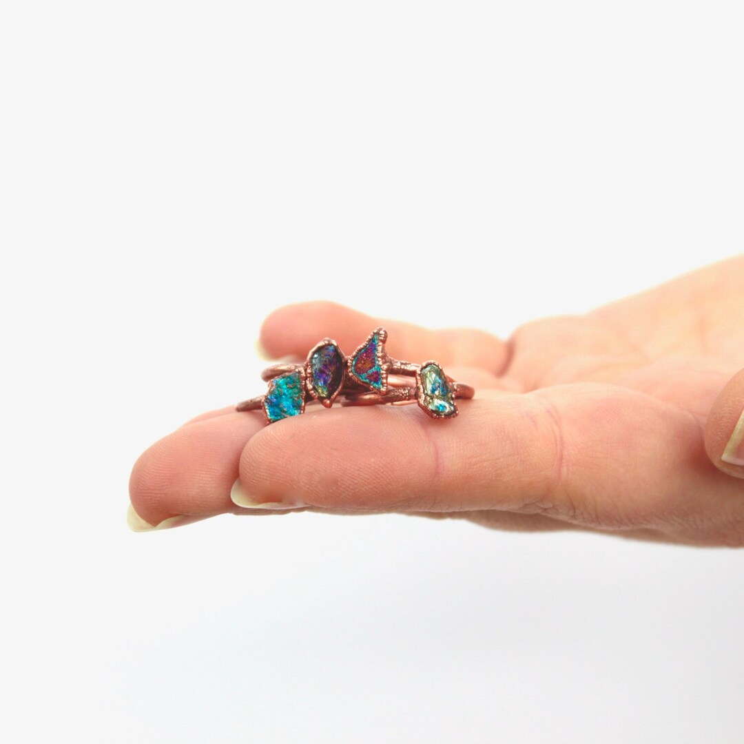 Ore Rng Electroformed Copper Peacock Ore Ring: Raw Chalcopyrite Stone, Boho ...