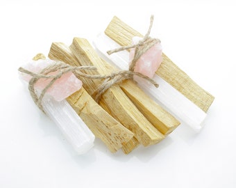 Palo Santo Smoke Cleansing Kit / Self Love Bundle /Crystal Healing / Palo Santo, Selenite, Rose Quartz / Holy Wood Incense