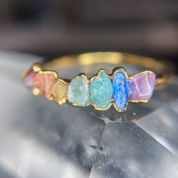 Raw Gemstone Chakra Ring: Electroformed Copper, Rainbow Crystal Jewelry