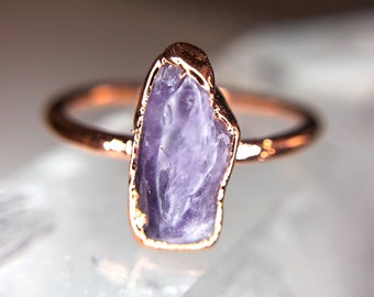 Amethyst and Copper Electroformed Rings / Raw Stone Ring / Inner Peace Stone Ring / Boho Jewelry / Chakra Ring Crown Chakra