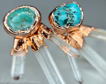 Turquoise Earrings // Quartz Ear Jacket / Raw Crystal Point Earrings // Electroformed Copper Earrings // Turquoise and Quartz Point Earrings