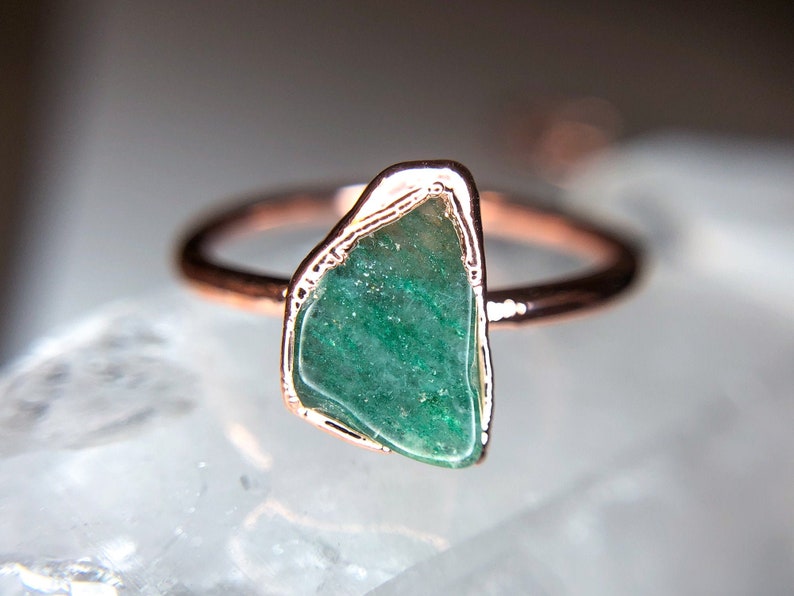 Green Aventurine and Copper Electroformed Rings /// Raw Stone Ring /// August Birthstone /// Boho Jewelry / Valentines Gift Heart Chakra 