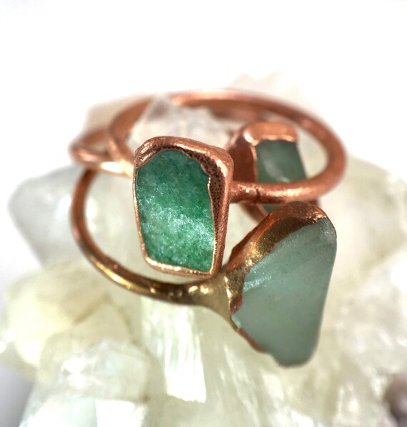 Raw Stone Ring /// Green Aventurine and Copper Electroformed Rings ///  Prosperity Stone Ring /// Boho Jewelry