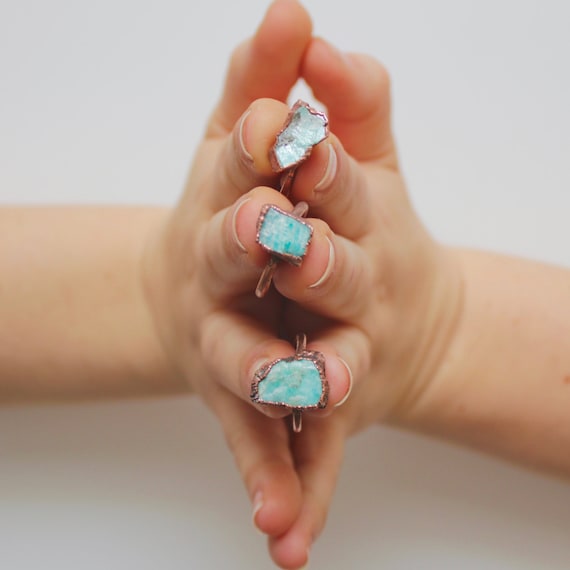 Amazonite and Copper Electroformed Rings /// Amazonite Ring /// Raw Stone Ring /// Stone Ring /// Boho Jewelry