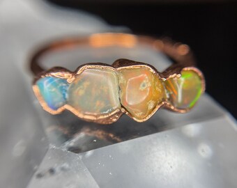 Opal Ring, Multistone Ring, October Birthstone, Gift For Daughter, Raw Gemstone Copper Ring, Flashy Opal Birthday Gift For Girlfriend