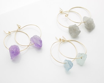 Amethyst Aquamarine or Labradorite Gold Hoop Earrings / Raw Crystal Hoop Earrings / Gemstone Dainty Raw Crystal Jewelry / Birthstone Earring