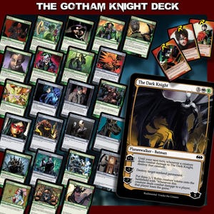May include: A collection of playing cards featuring characters from the Batman universe. The cards have various illustrations of heroes and villains, with a large card prominently displaying Batman. The text "THE GOTHAM KNIGHT DECK" is at the top.