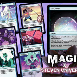 May include: A collection of Magic: The Gathering trading cards featuring characters from Steven Universe. The cards showcase colorful illustrations of characters like Opal, Smoky Quartz, and Malachite, with text and game details. The set is titled "MAGIC x STEVEN UNIVERSE."