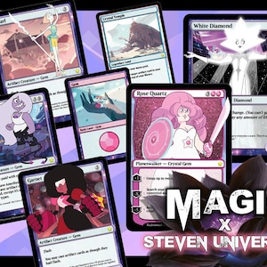 May include: A collection of Magic: The Gathering trading cards featuring characters from Steven Universe. The cards showcase characters like Pearl, Amethyst, Garnet, and Rose Quartz, with vibrant illustrations and text. The set includes a 'White Diamond' card.
