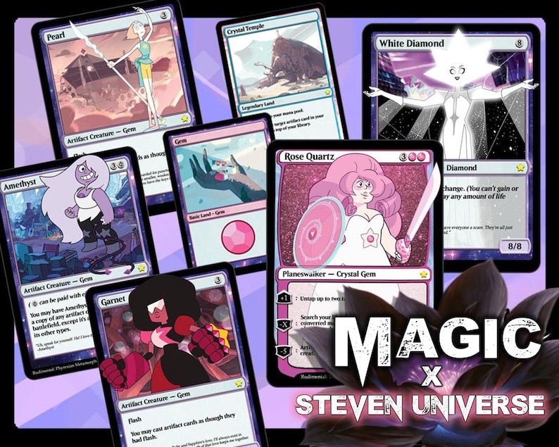 May include: A collection of Magic: The Gathering trading cards featuring characters from Steven Universe. The cards showcase characters like Pearl, Amethyst, Garnet, and Rose Quartz, with vibrant illustrations and text. The set includes a 'White Diamond' card.