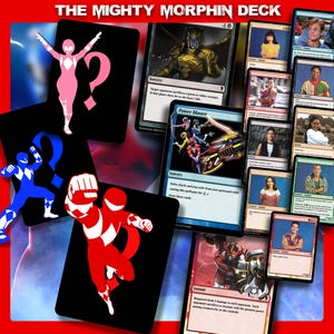 Puede incluir: Un conjunto de cartas coleccionables y cartas de personajes sobre un fondo rojo. Las cartas presentan imágenes de personajes y escenas de Power Rangers, con el texto "THE MIGHTY MORPHIN DECK" en la parte superior.