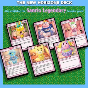May include: A collection of six Sanrio Legendary booster pack trading cards. Each card features a different character with a unique design and text. The cards are set against a green and blue background, with the text "THE NEW HORIZONS DECK".