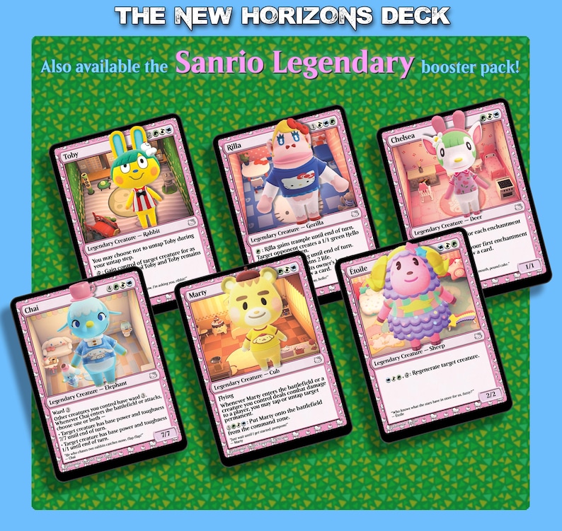 May include: A collection of six Sanrio Legendary booster pack trading cards. Each card features a different character with a unique design and text. The cards are set against a green and blue background, with the text "THE NEW HORIZONS DECK".