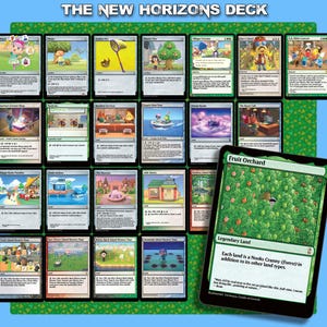 May include: A collection of trading cards with various illustrations and text, featuring the title "THE NEW HORIZONS DECK". One card is labeled "Fruit Orchard" and is a Legendary Land. The cards have a green and black border.