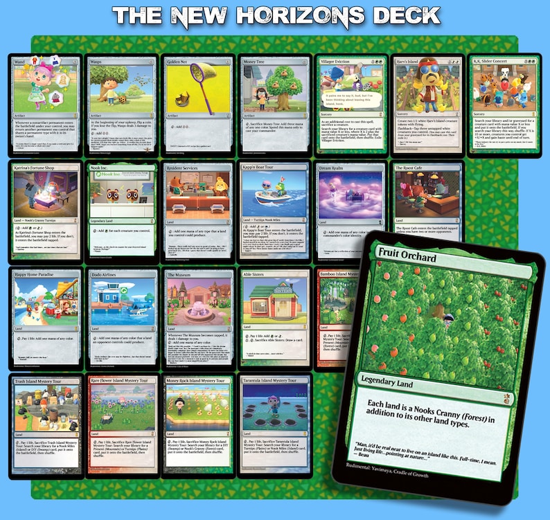 May include: A collection of trading cards with various illustrations and text, featuring the title "THE NEW HORIZONS DECK". One card is labeled "Fruit Orchard" and is a Legendary Land. The cards have a green and black border.