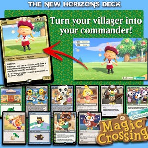 May include: A collection of "Magic Crossing" trading cards featuring characters from the "Animal Crossing" video game. The cards have a gold border and include characters like Ami, Isabelle, and Tom Nook. The text "The New Horizons Deck" is at the top.