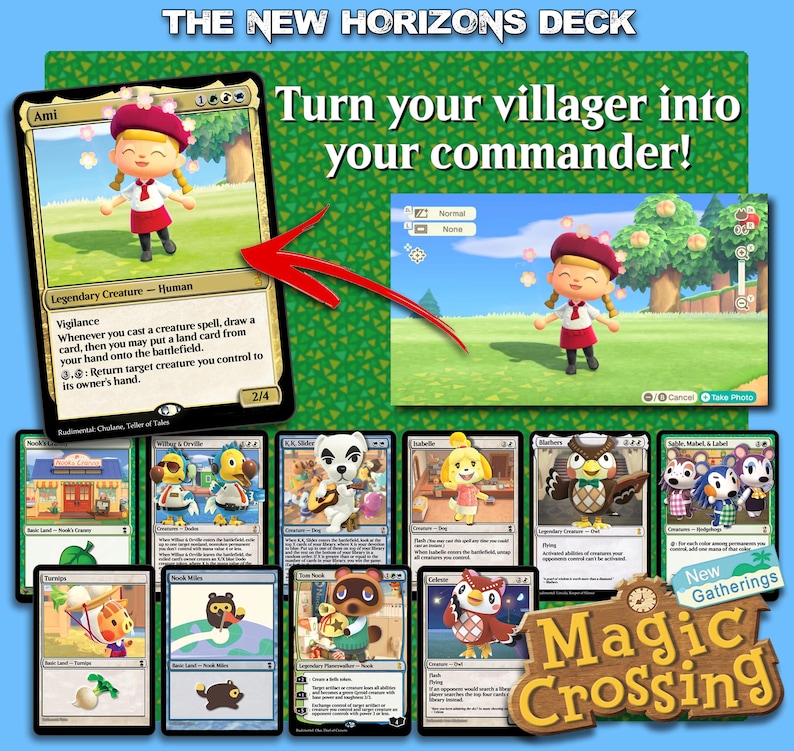 May include: A collection of "Magic Crossing" trading cards featuring characters from the "Animal Crossing" video game. The cards have a gold border and include characters like Ami, Isabelle, and Tom Nook. The text "The New Horizons Deck" is at the top.