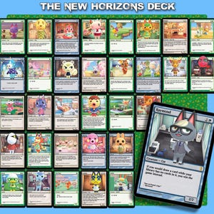 May include: A collection of Animal Crossing themed trading cards, with the text "THE NEW HORIZONS DECK" at the top. One card features Raymond, a gray cat character. The cards have a green border and include character illustrations and game text.