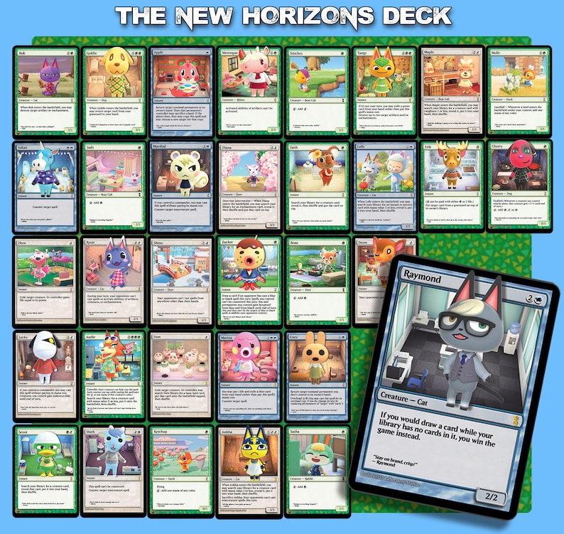 May include: A collection of Animal Crossing themed trading cards, with the text "THE NEW HORIZONS DECK" at the top. One card features Raymond, a gray cat character. The cards have a green border and include character illustrations and game text.