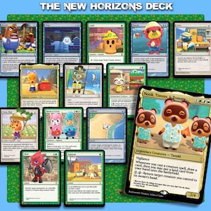 May include: A collection of Animal Crossing themed trading cards, featuring various characters like Tom Nook, Reese, and Flick. The cards have a green border and include text describing the card's abilities. The title "THE NEW HORIZONS DECK" is displayed at the top.