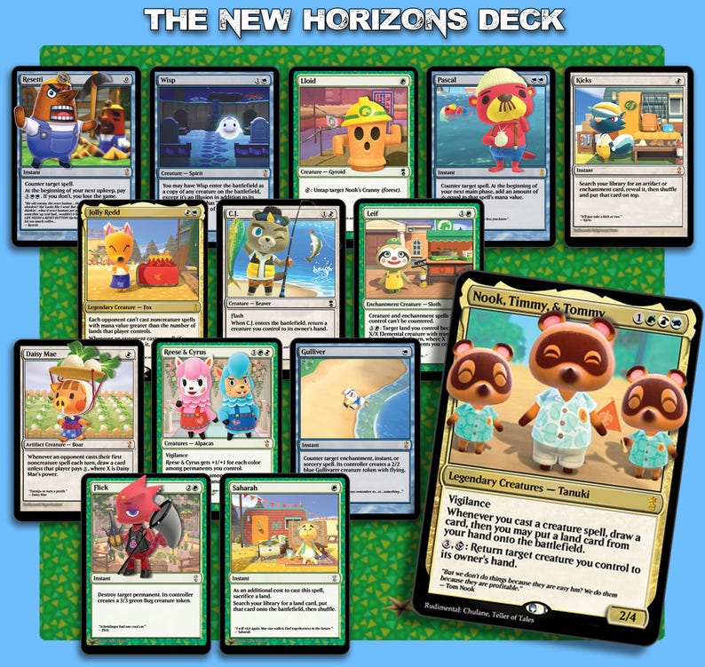 May include: A collection of Animal Crossing themed trading cards, featuring various characters like Tom Nook, Reese, and Flick. The cards have a green border and include text describing the card's abilities. The title "THE NEW HORIZONS DECK" is displayed at the top.