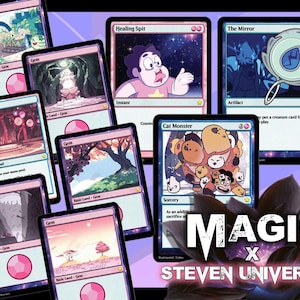 May include: A collection of Magic: The Gathering cards featuring artwork from Steven Universe. The cards have a pink, blue, and white color scheme, with various illustrations and text. The text "MAGIC x STEVEN UNIVERSE" is displayed at the bottom.