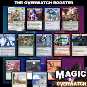 以下が含まれることがあります： オーバーウォッチのキャラクターが登場する、マジック：ザ・ギャザリングのカードのコレクション。カードには、さまざまなキャラクターがアクションポーズで描かれており、さまざまな色とデザインが施されています。「THE OVERWATCH BOOSTER」と「MAGIC X OVERWATCH」の文字が見えます。