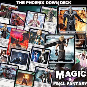 May include: A selection of Magic: The Gathering cards featuring Final Fantasy characters. The cards showcase diverse characters with unique artwork and text. The title "THE PHOENIX DOWN DECK" is at the top, with "MAGIC x FINAL FANTASY" at the bottom.