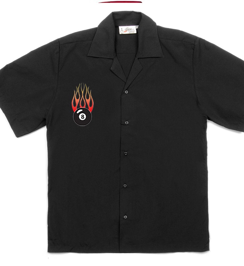 Flaming 8 Ball Classic Retro Bowling Shirt Vintage Bowler Closeout in multiple colors Includes Embroidered Name 232 Black