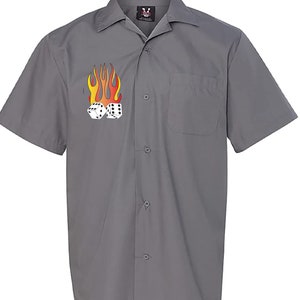 Flaming Dice Classic Retro Bowling Shirt Vintage Bowler Closeout in multiple colors Includes Embroidered Name 235 grey