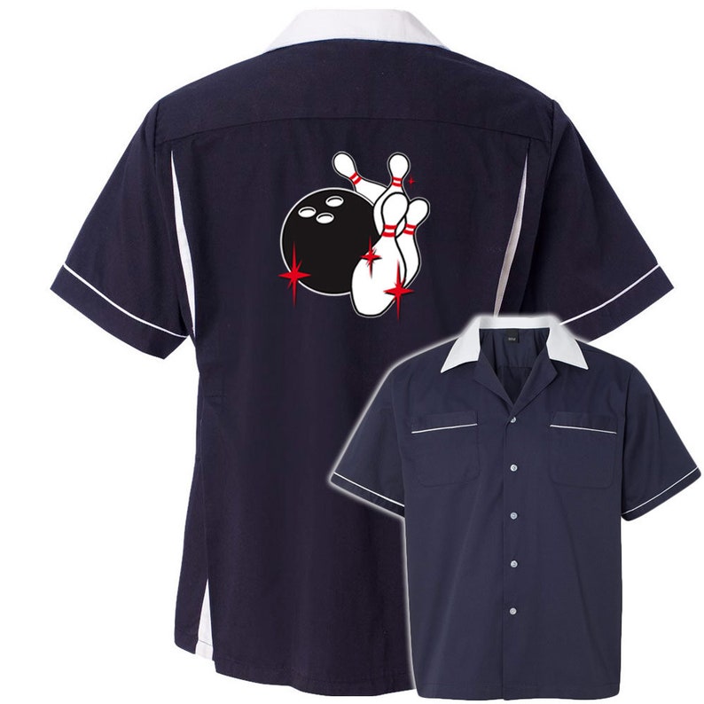 Pin Splash C Classic Retro Bowling Shirt Classic 2.0 Includes Embroidered Name 135 Navy/White