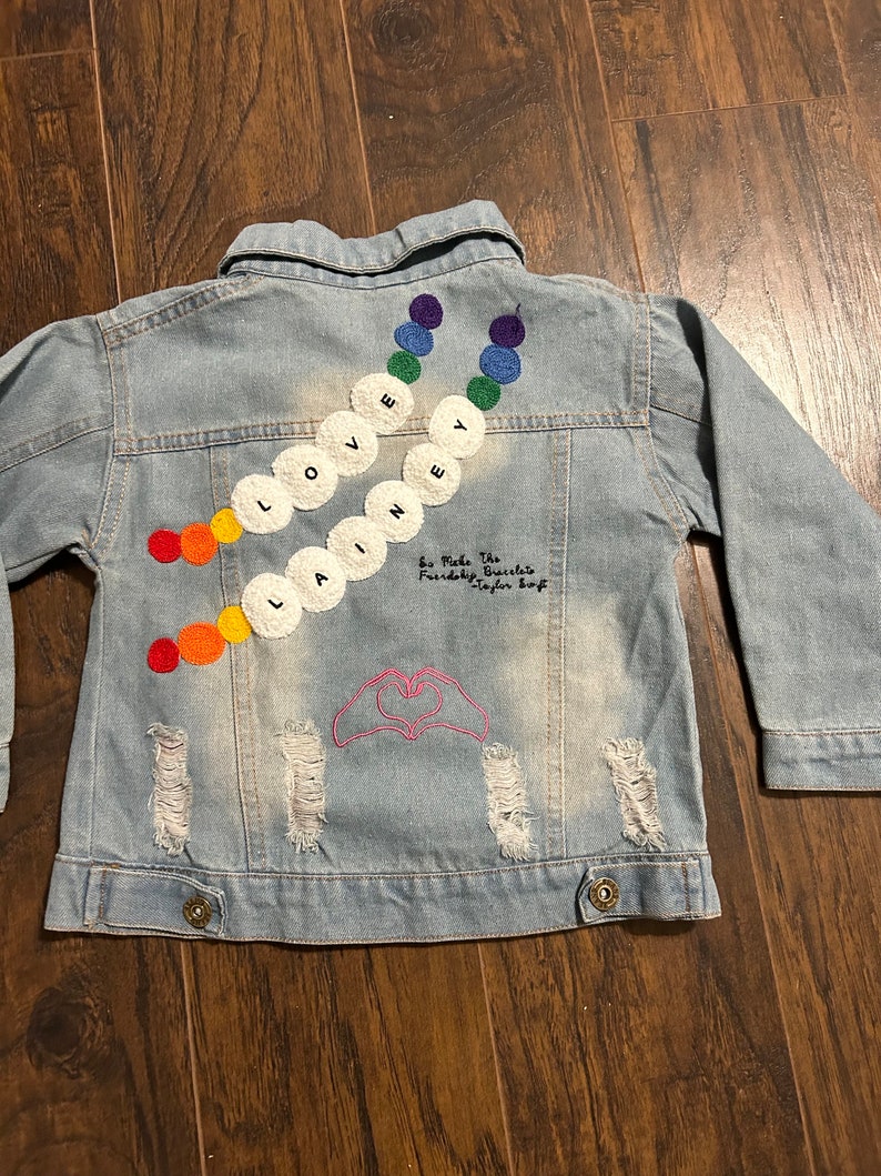 Taylor Swift Inspired youth kids Friendship Bracelet Custom Denim Chainstitching Jacket image 5