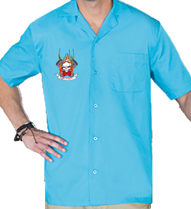 Flaming Pistons Classic Retro Bowling Shirt Vintage Bowler Closeout in multiple colors Includes Embroidered Name 237 turquoise