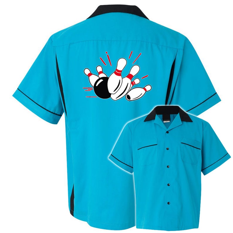 Pin Splash A Classic Retro Bowling Shirt Classic 2.0 Incluye nombre bordado 127 Turquoise & Black