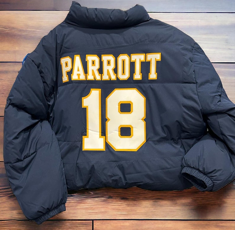 Jersey Puffer Coat Cropped Style Custom for any sport Includes name on the collar image 1