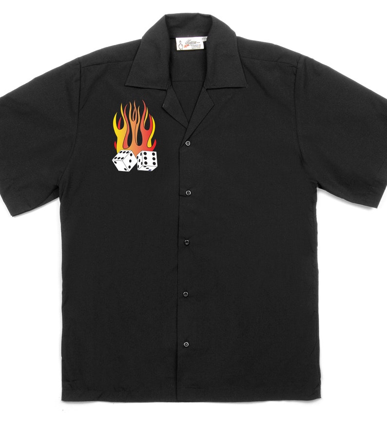 Flaming Dice Classic Retro Bowling Shirt Vintage Bowler Closeout in multiple colors Includes Embroidered Name 235 black