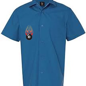 Flaming 8 Ball Classic Retro Bowling Shirt Vintage Bowler Closeout in multiple colors Includes Embroidered Name 232 Blue