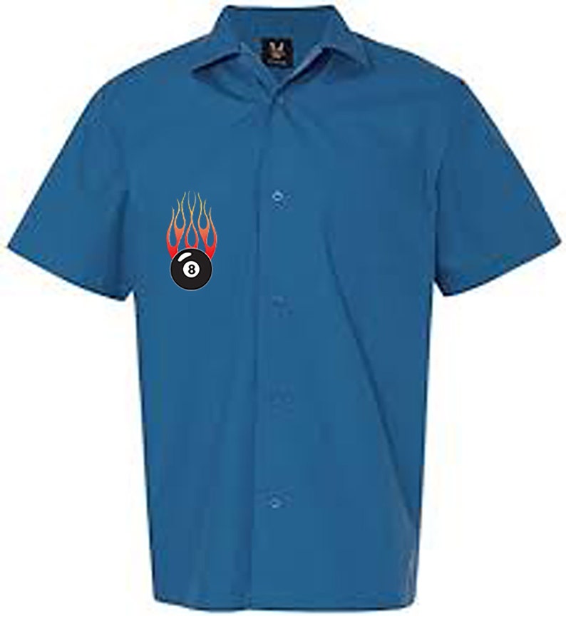 Flaming 8 Ball Classic Retro Bowling Shirt Vintage Bowler Closeout in multiple colors Includes Embroidered Name 232 Blue