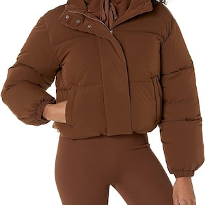 Jersey Puffer Coat Cropped Style Custom for any sport Includes name on the collar Brown
