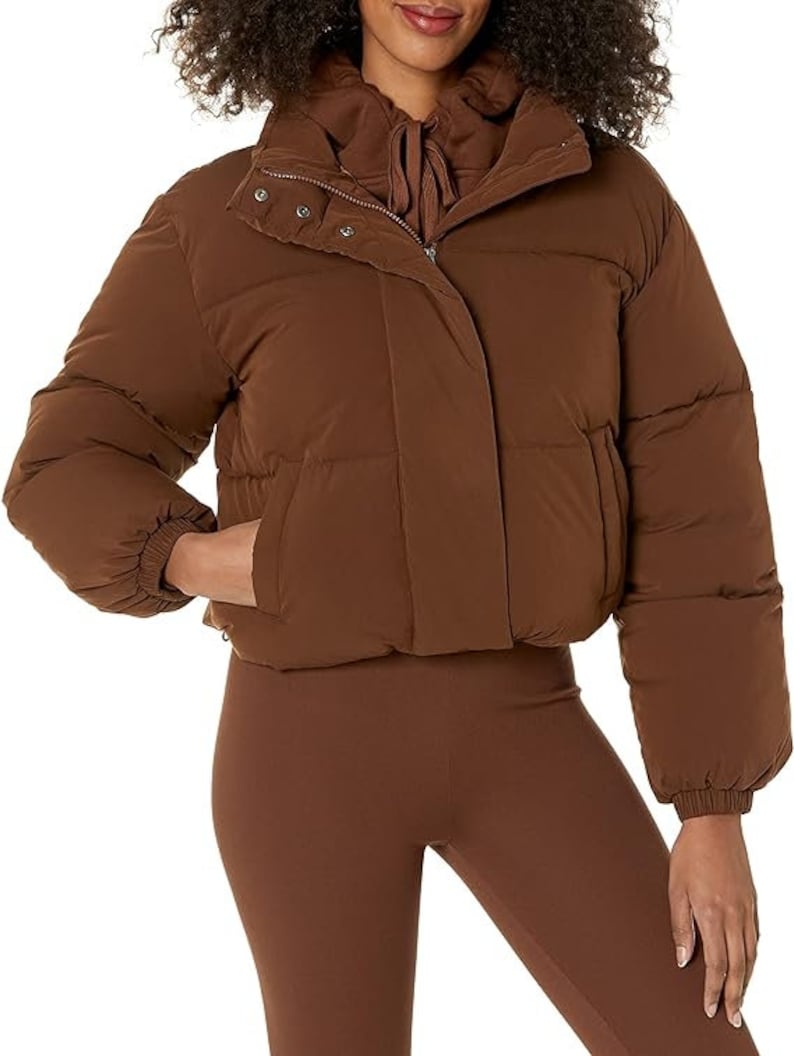 Jersey Puffer Coat Cropped Style Custom for any sport Includes name on the collar Brown