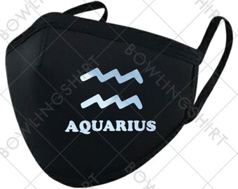 Aquarius Zodiac Sign Printed in Light Blue  Black Mask #143