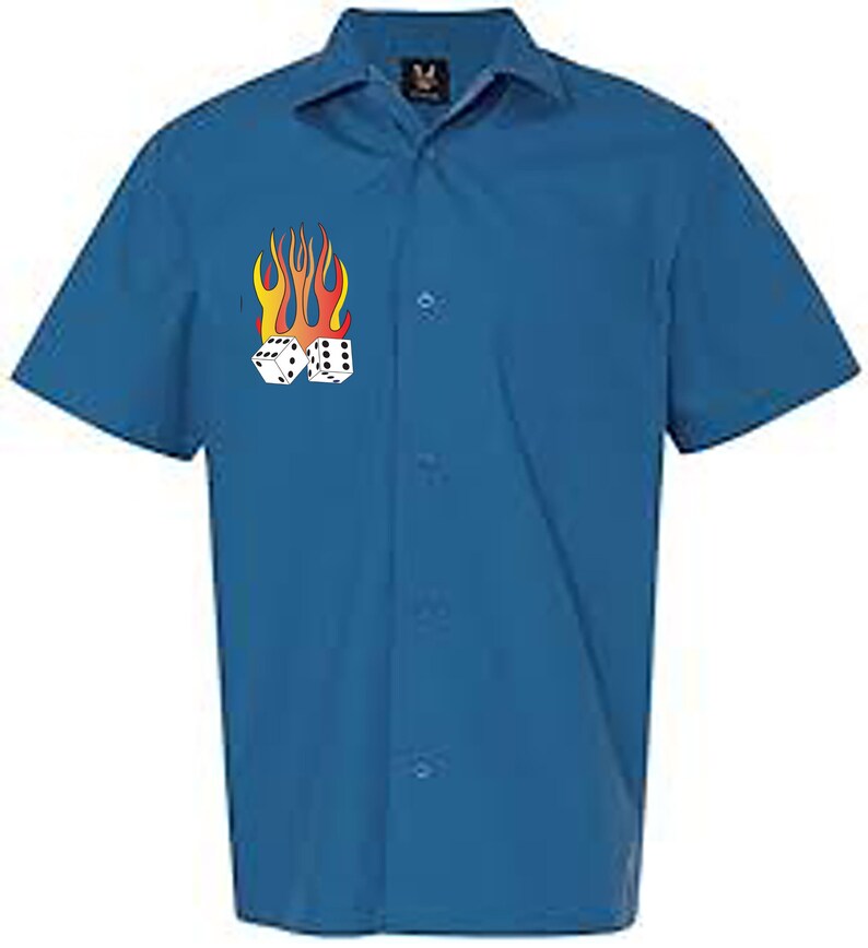 Flaming Dice Classic Retro Bowling Shirt Vintage Bowler Closeout in multiple colors Includes Embroidered Name 235 blue