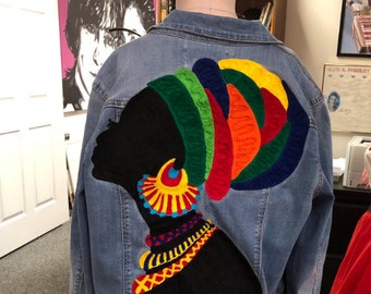 Chaninstitched Embroidered African woman  Denim Jacket One of a Kind made to order