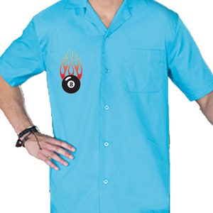 Flaming 8 Ball Classic Retro Bowling Shirt Vintage Bowler Closeout in multiple colors Includes Embroidered Name 232 turquoise