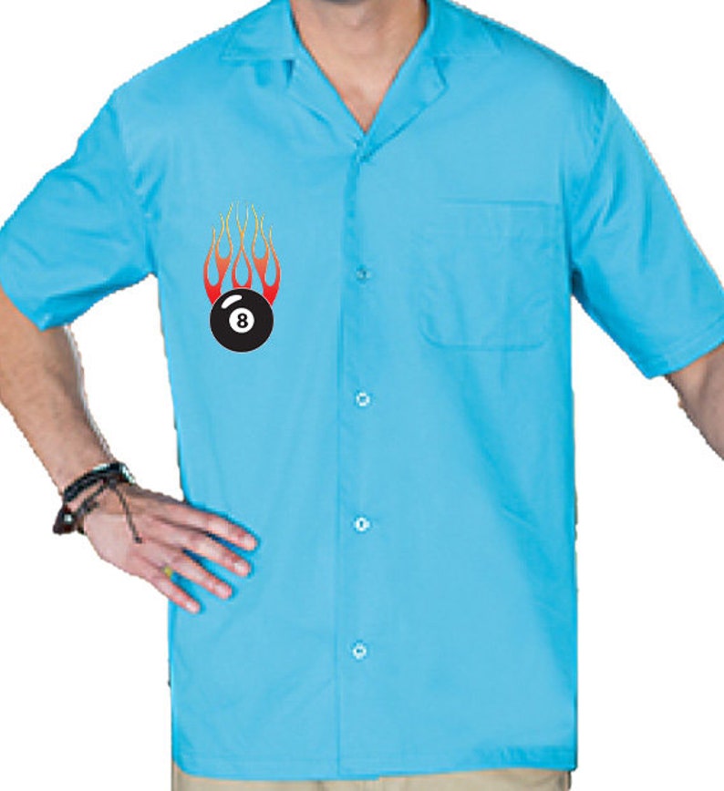 Flaming 8 Ball Classic Retro Bowling Shirt Vintage Bowler Closeout in multiple colors Includes Embroidered Name 232 turquoise