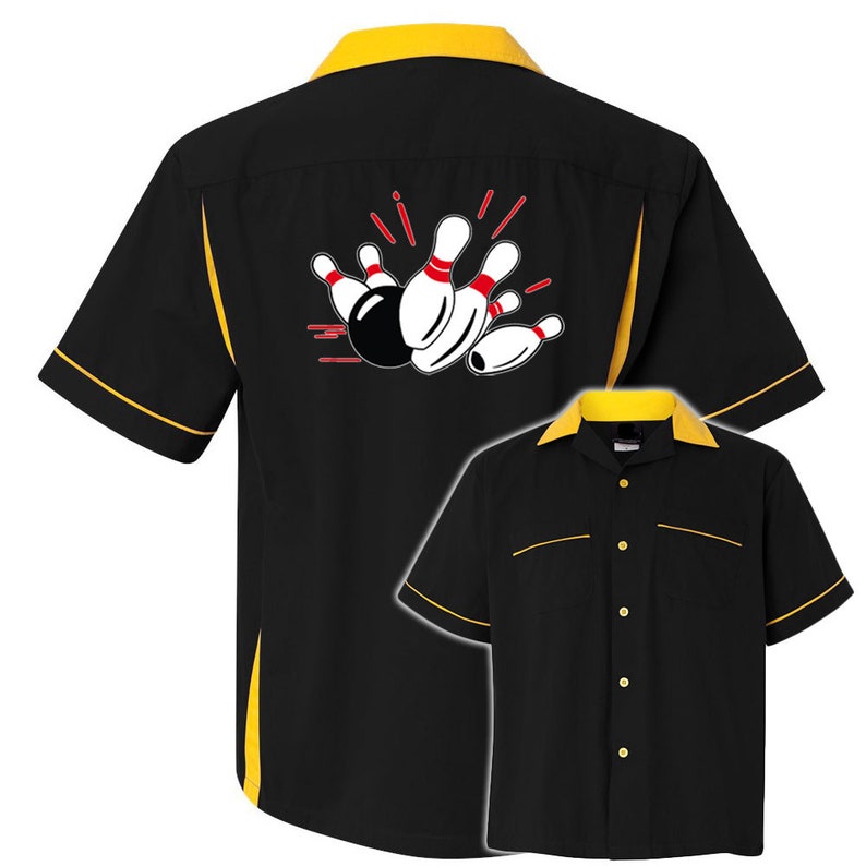 Pin Splash A Classic Retro Bowling Shirt Classic 2.0 Includes Embroidered Name 127 Black/Gold