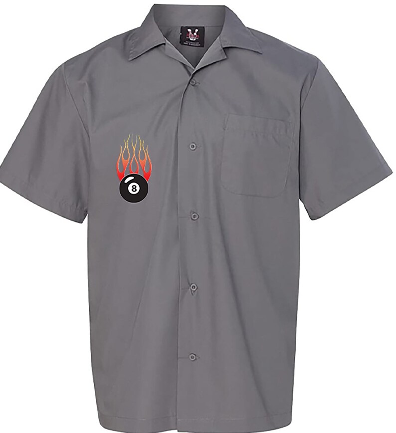 Flaming 8 Ball Classic Retro Bowling Shirt Vintage Bowler Closeout in multiple colors Includes Embroidered Name 232 Gray