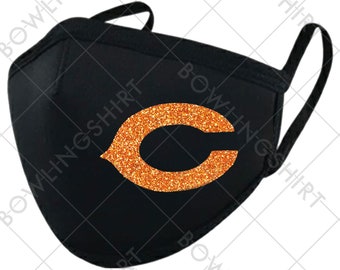 Chicago Bears Orange  Glitter  Black Printed Mask with adjustable straps