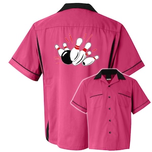 Pin Splash A Classic Retro Bowling Shirt Classic 2.0 Includes Embroidered Name 127 Pink/Black