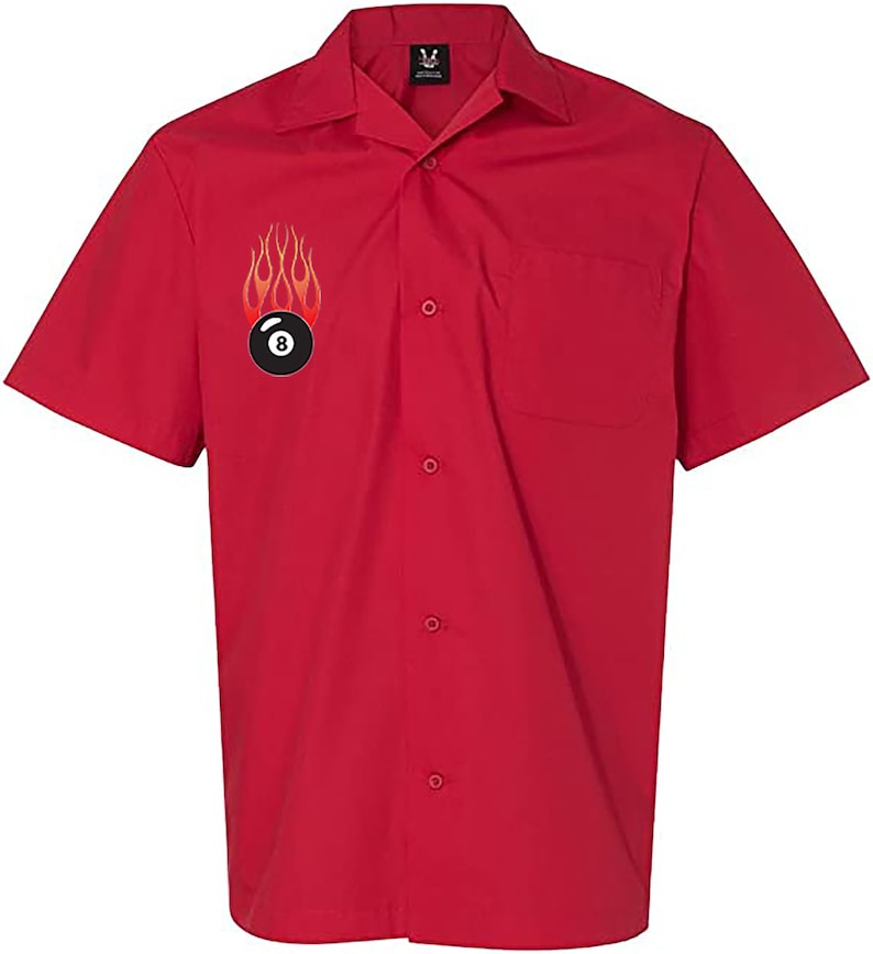 Flaming 8 Ball Classic Retro Bowling Shirt Vintage Bowler Closeout in multiple colors Includes Embroidered Name 232 Red